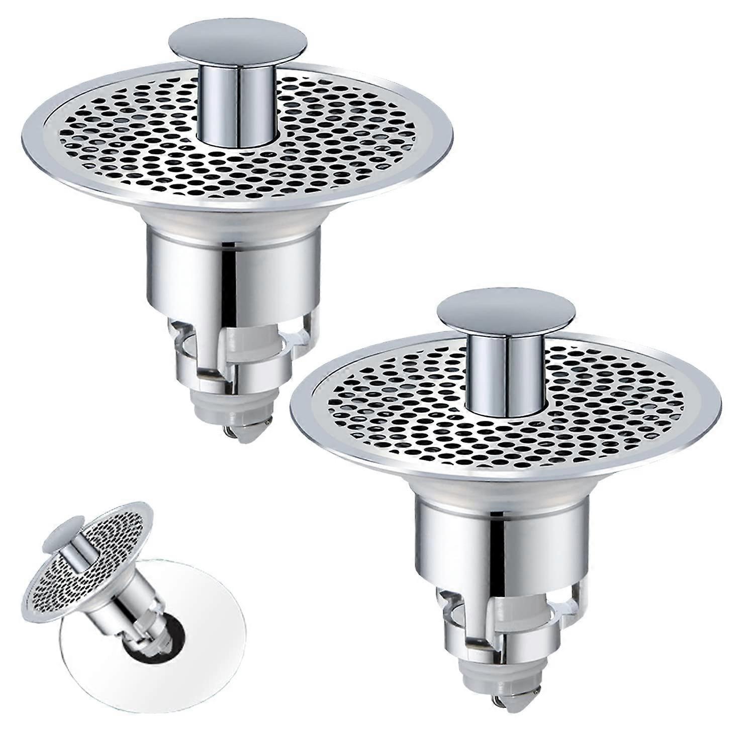 Universal Bathroom Sink Stopper - 2 Pack, 1.1-1.5 Pop-Up Drain Filter, Push-Type Spring, Detachable Stainless Strainer