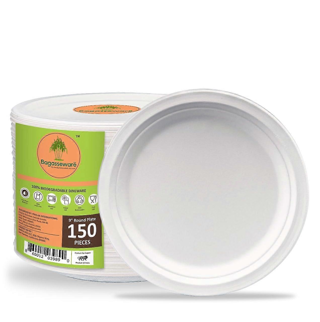 Compostable Plates 9-Inch Round Heavy-Duty 150 3X Stronger, Microwave & Freezer Safe, Soakproof Biodegradable Disposable