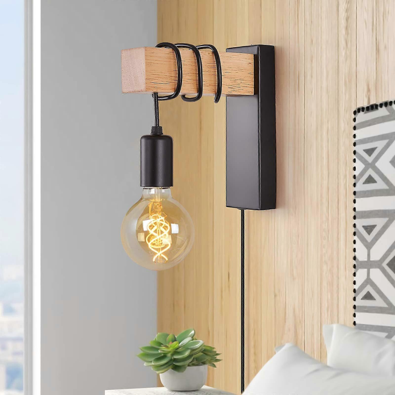 Black Plug-in Wall Sconce, Industrial Corded Wall Lamp with LED for Bedroom Reading, Wall-Mounted Fixture, Black Finish