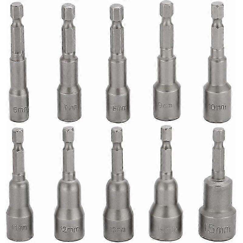 10 Pcs Impact Driver Socket Bit 6-15mm Set Magnetic Hex Socket Magnetic Bit Set Drill Hex Socket Socket Set 1/4 Inch for Quick Change Chuck