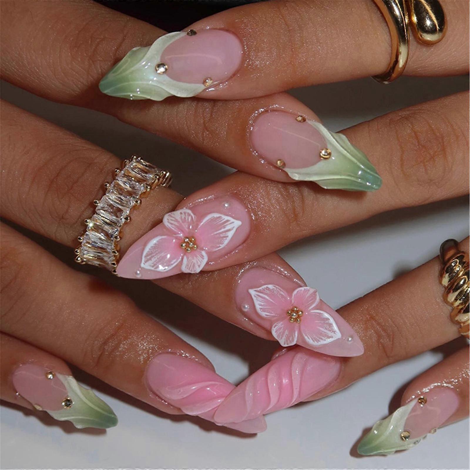 Full Cover False Nail with 3D Flower Patterns Stick on Nail Manicure Nail Accesories For Office Worker And Students
