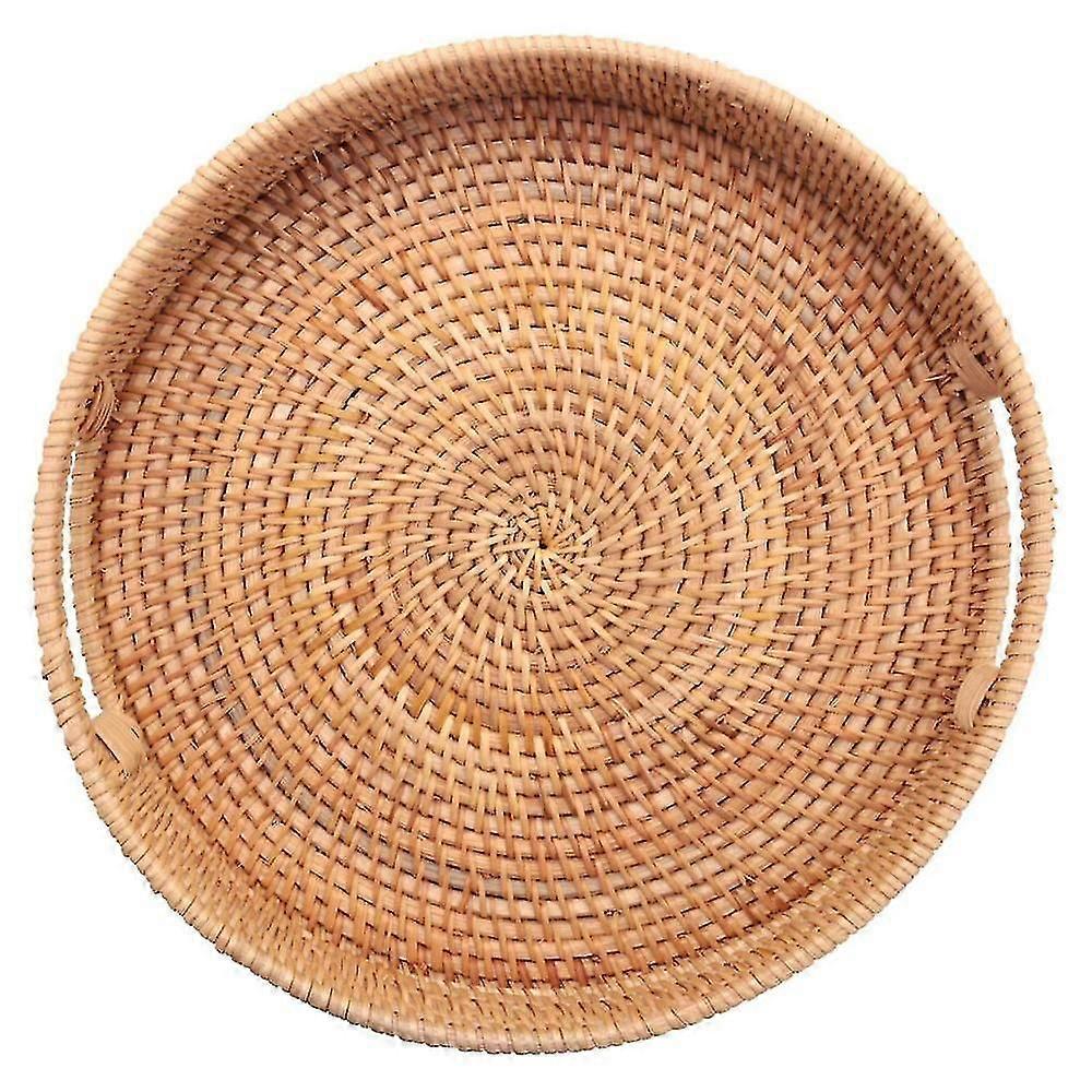 Round Rattan Woven Serving Tray With Handles Ottoman Tray For Breakfast, Drinks, For Coffee Table
