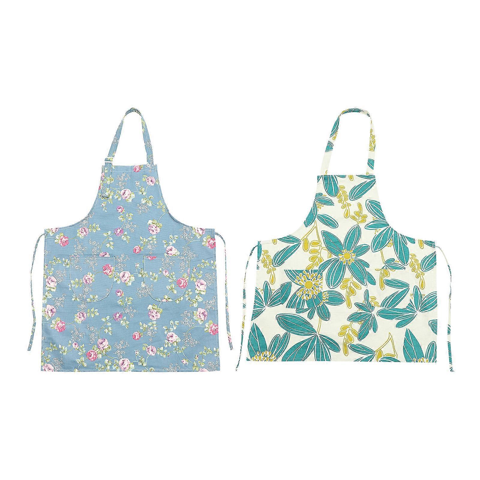 Gardening Apron Pockets Dark Blue With Rose Pattern Canvas Material Home Use 72x68cm 2Pcs