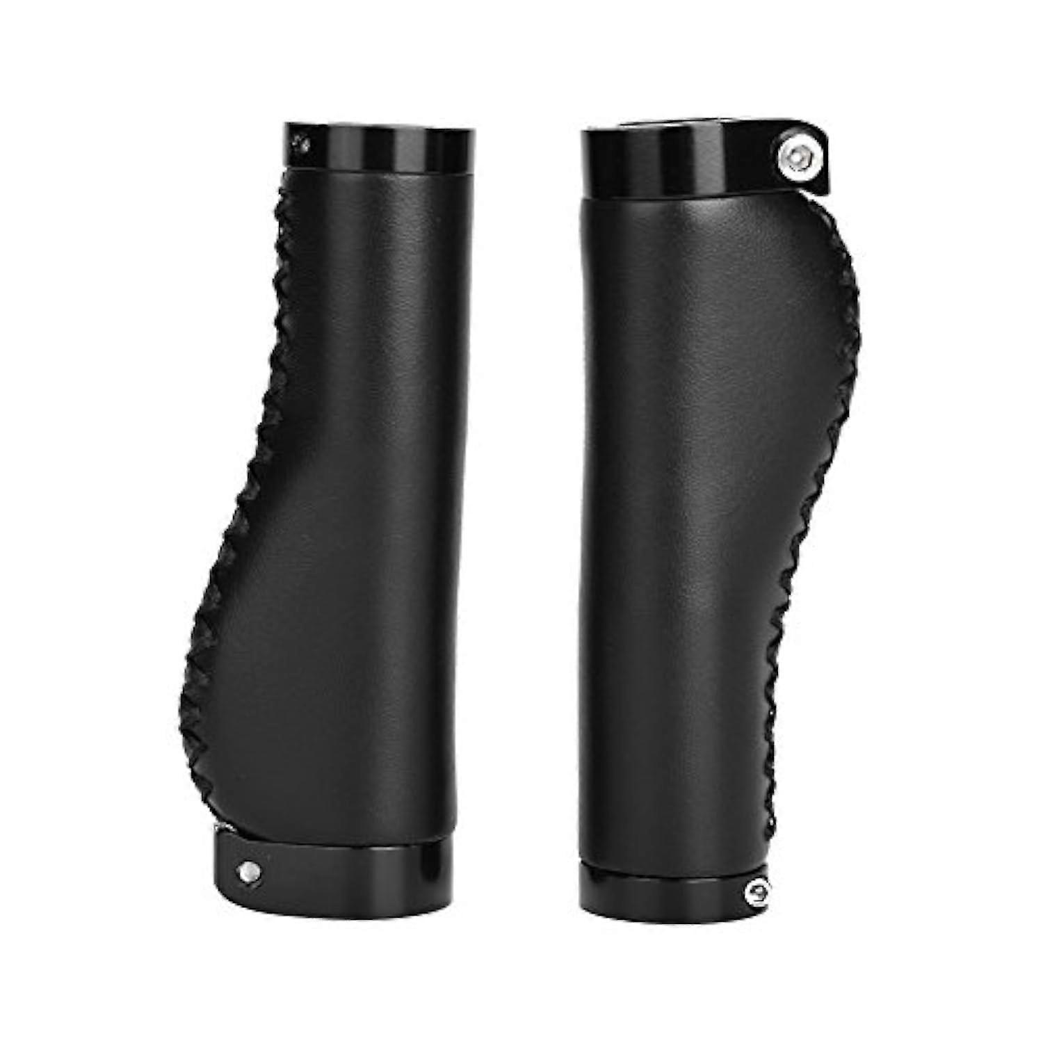 Bicycle Handlebar Grips, 1 Pair  Leather with Locking Ring (Black)