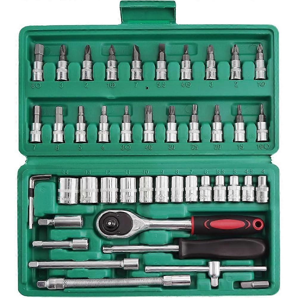 46 Piece 1/4 Inch Drive Socket Set with Metric Bit Sockets and Extension Bar for Car, Bike, and Motorcycle Repair in Green