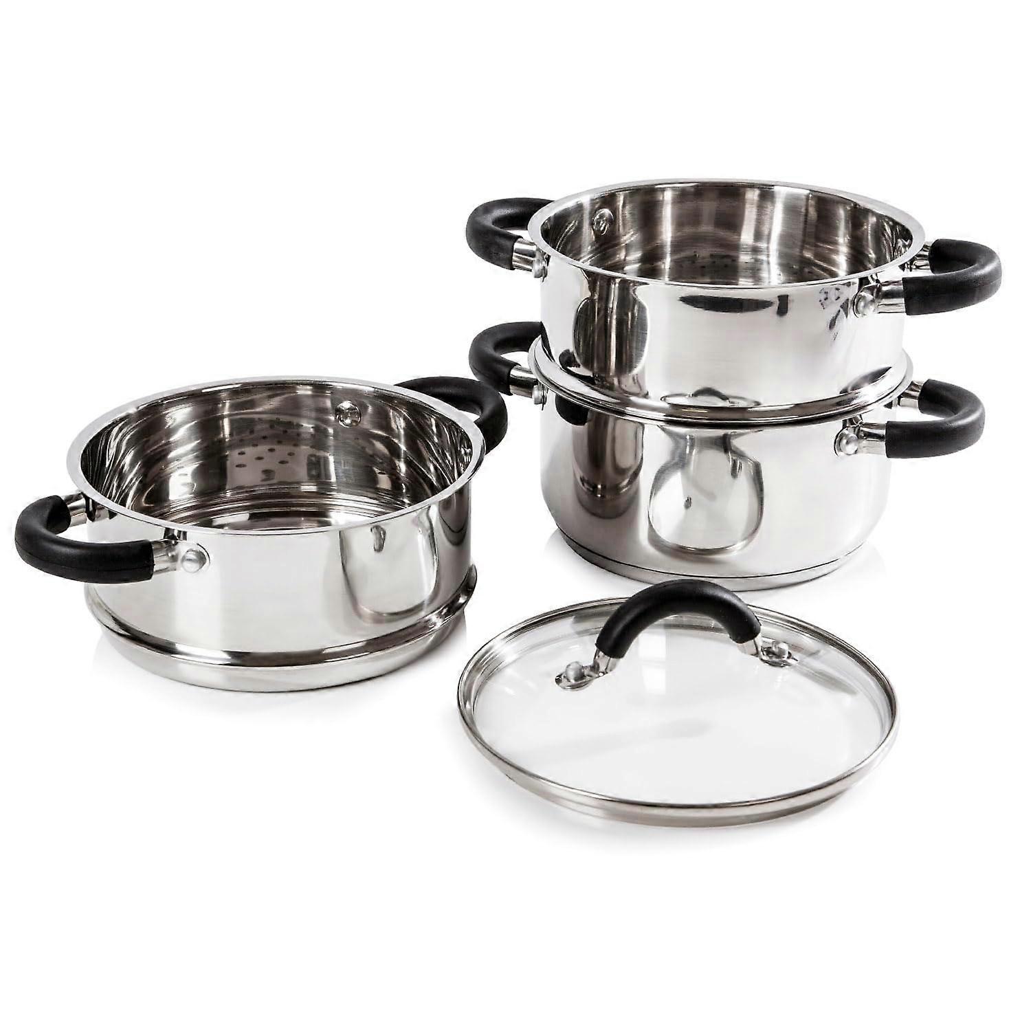 T80836 Essentials Induction Steamer Pot 3Layer with Glass Lid 18 cm Silver