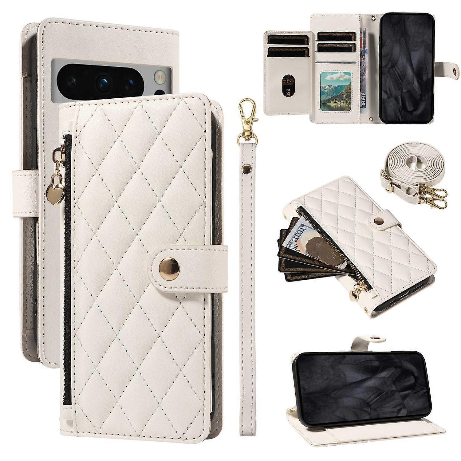 Case for Google Pixel 8 Pro Shockproof Premium Zipper Pocket Wallet Card Holder Leather Cover with Detachable Wrist and Shoulder Strap Compatible with