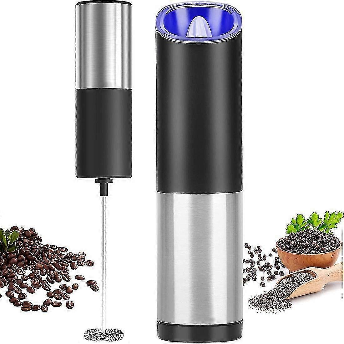 Handheld Milk Frother And Gravity Electric Pepper Grinder Set,for Lattes, Cappuccino, Matcha, Hot C