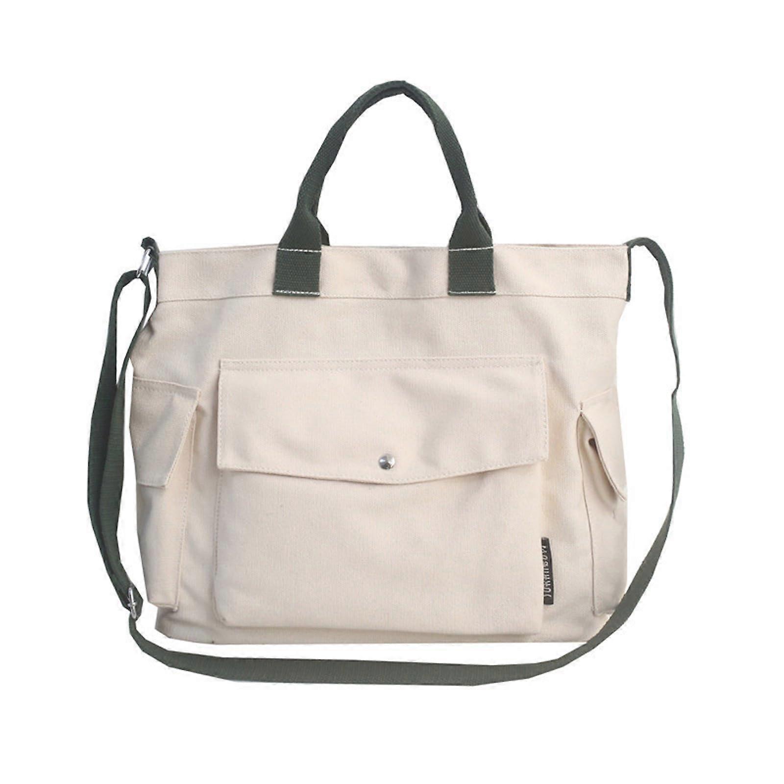 Canvas Shoulder Bag, Women's Canvas Tote Bag for Everyday Use, Canvas Messenger Bag, Large MultiPocket, Office, School Trip and Shopping White L