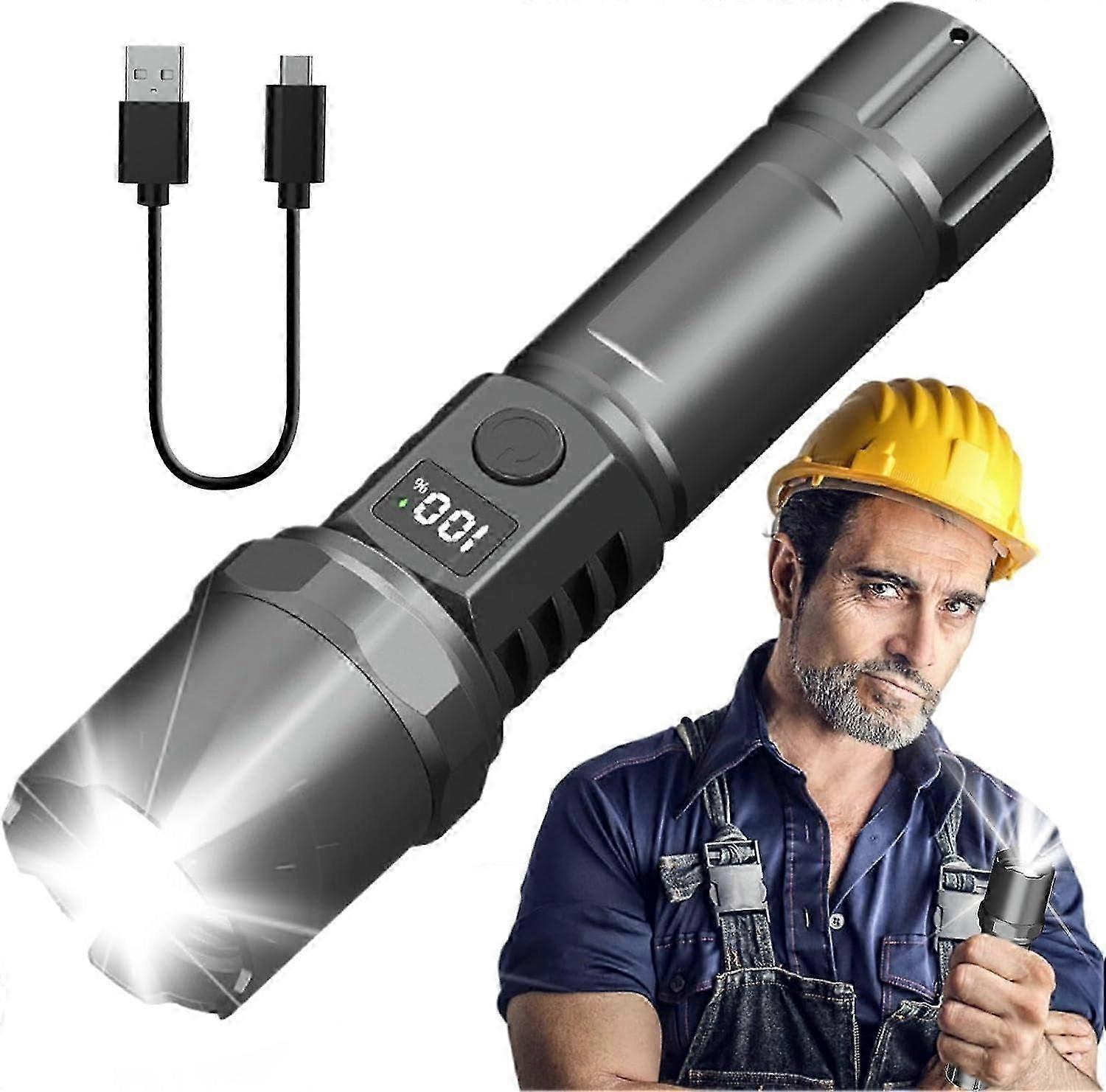 Rechargeable Camping Flashlight, Powerful Flashlight for Hiking, Rechargeable Flashlight with 3 Modes, Powerful Torch, High Lumen Flashlight for Adven