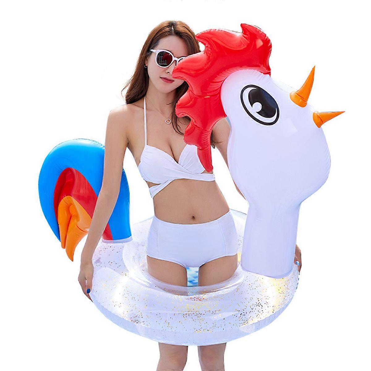 Fun Floating Inflatable Circle Cartoon Chicken Pattern Swimming Ring Thickened Sequins for Adult Summer Water Playing 1Pcs