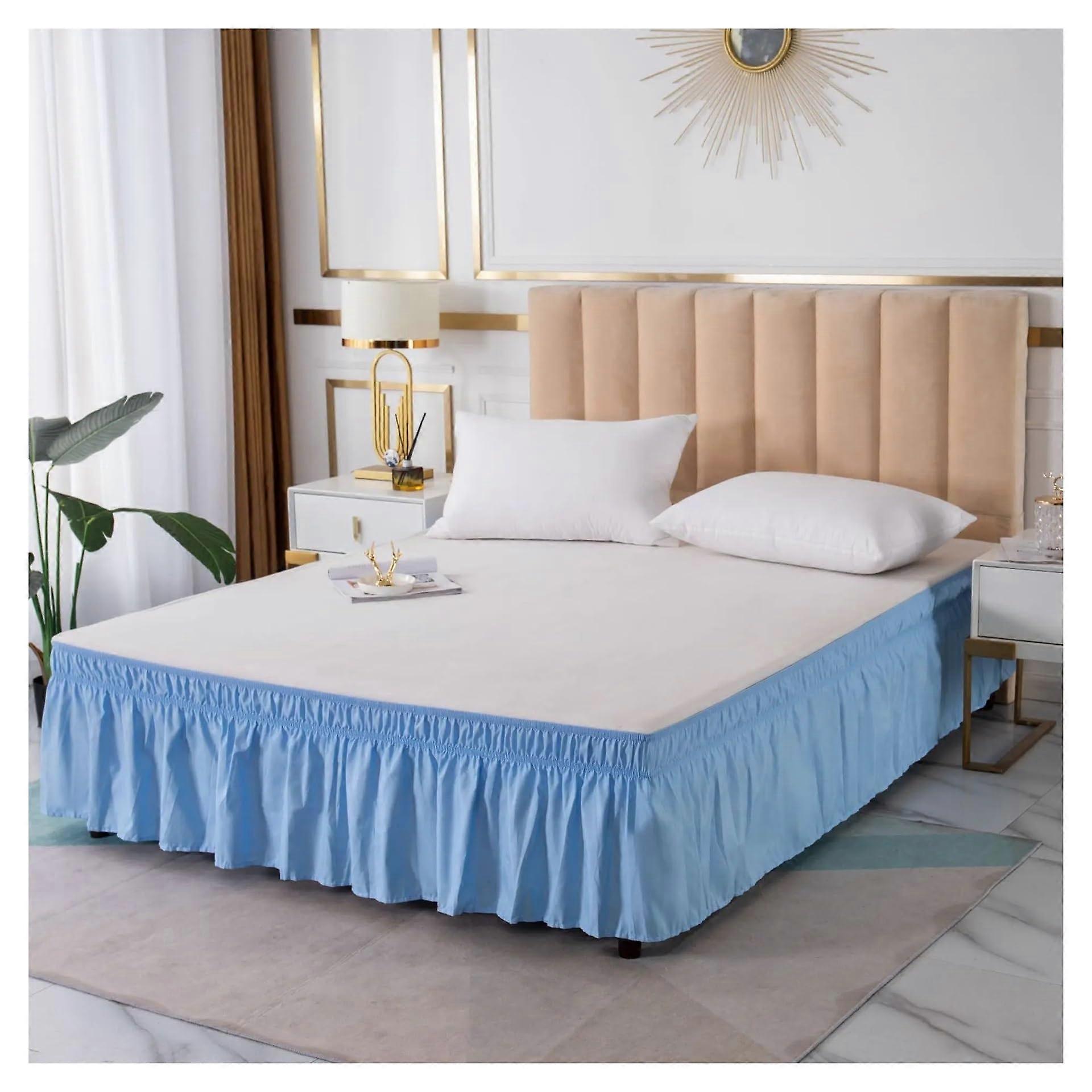 Single Color Elastic Ruffled Bed Skirt for King Size 198 x 203 x 38 cm, Light Resistant, No Surface, Sky Blue, Queen Size Compatibility