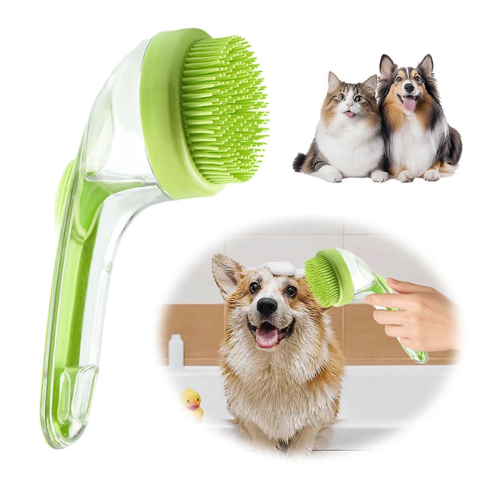 Dog Washing Brush with Soap Dispenser, Soft Silicone Bath Brush with Long Handle for Dogs and Cats, Green