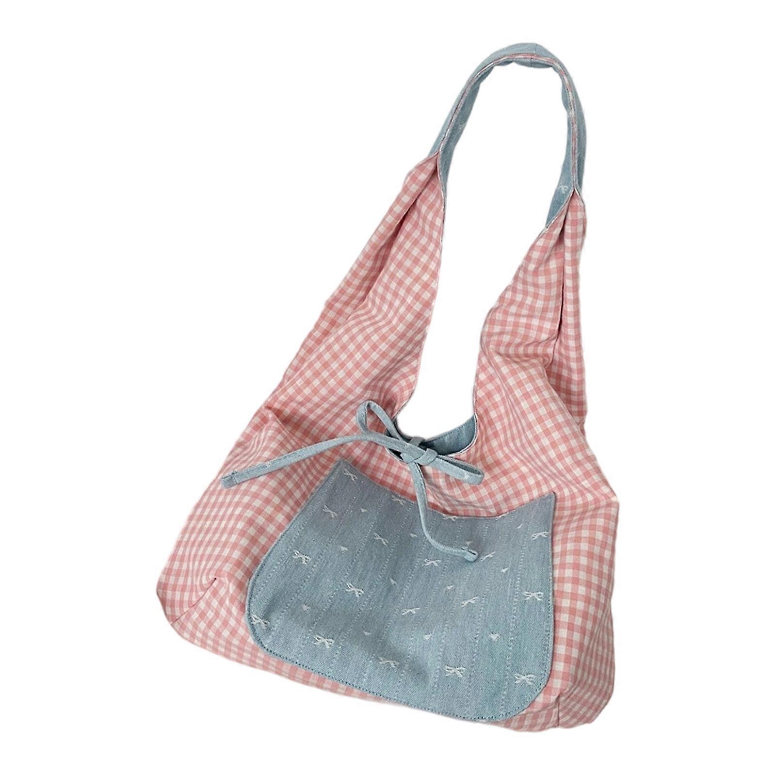 Korean Style Color Blocking Large Capacity Bowknot Underarm Bag Practical Polyester Shoulder Purse for Women  Light blue