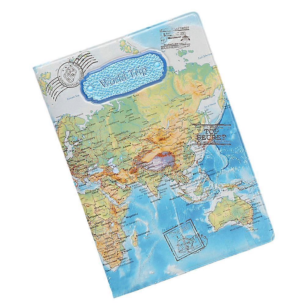 Blue PVC Protective Case with World Map Design for Travel Documents Cards Ticket Holding 4.5"x3.2"
