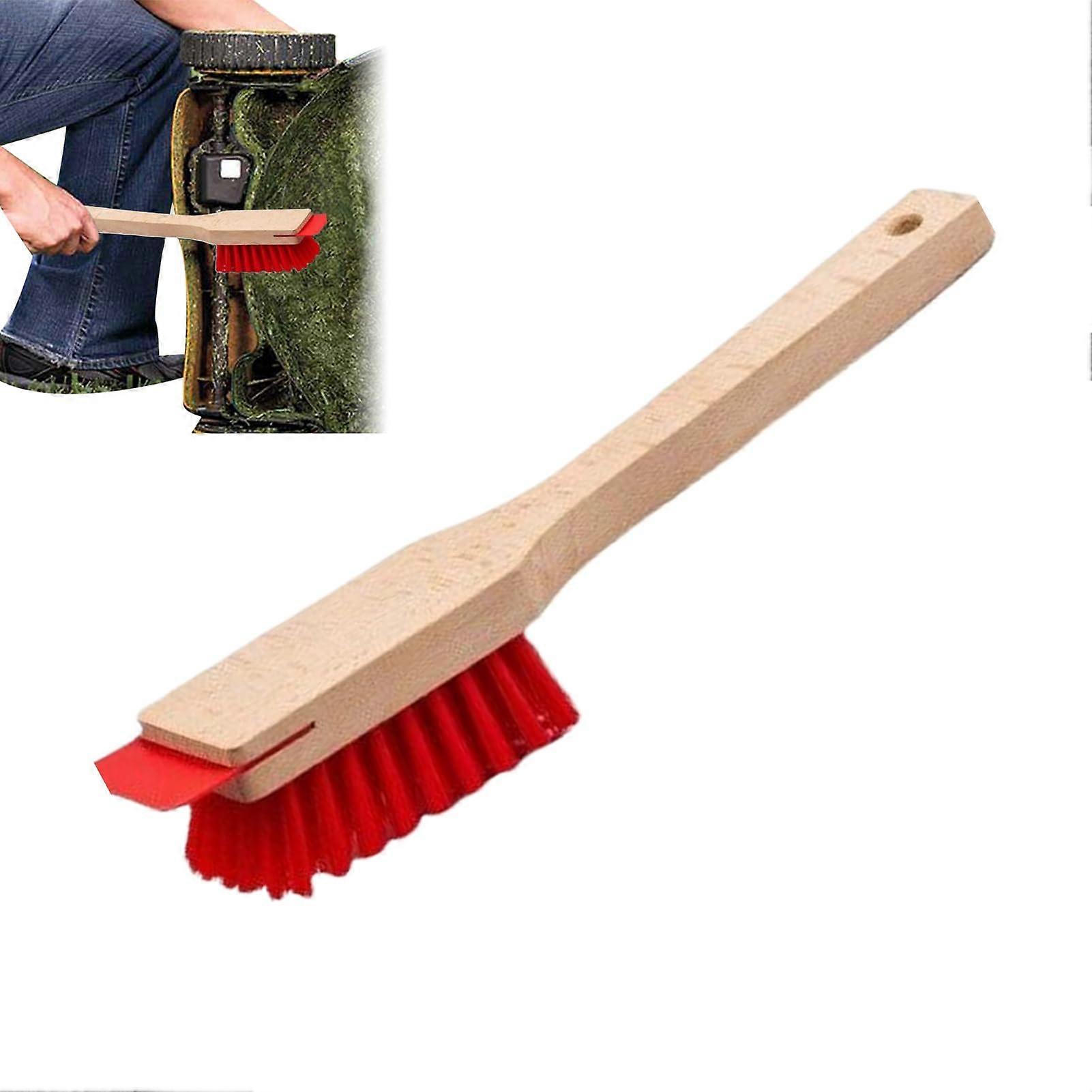 Lawn Mower Scraper and Brush | Long Handle Wooden Cleaning Brush for Lawnmowers, Floors, Walls, and Furniture