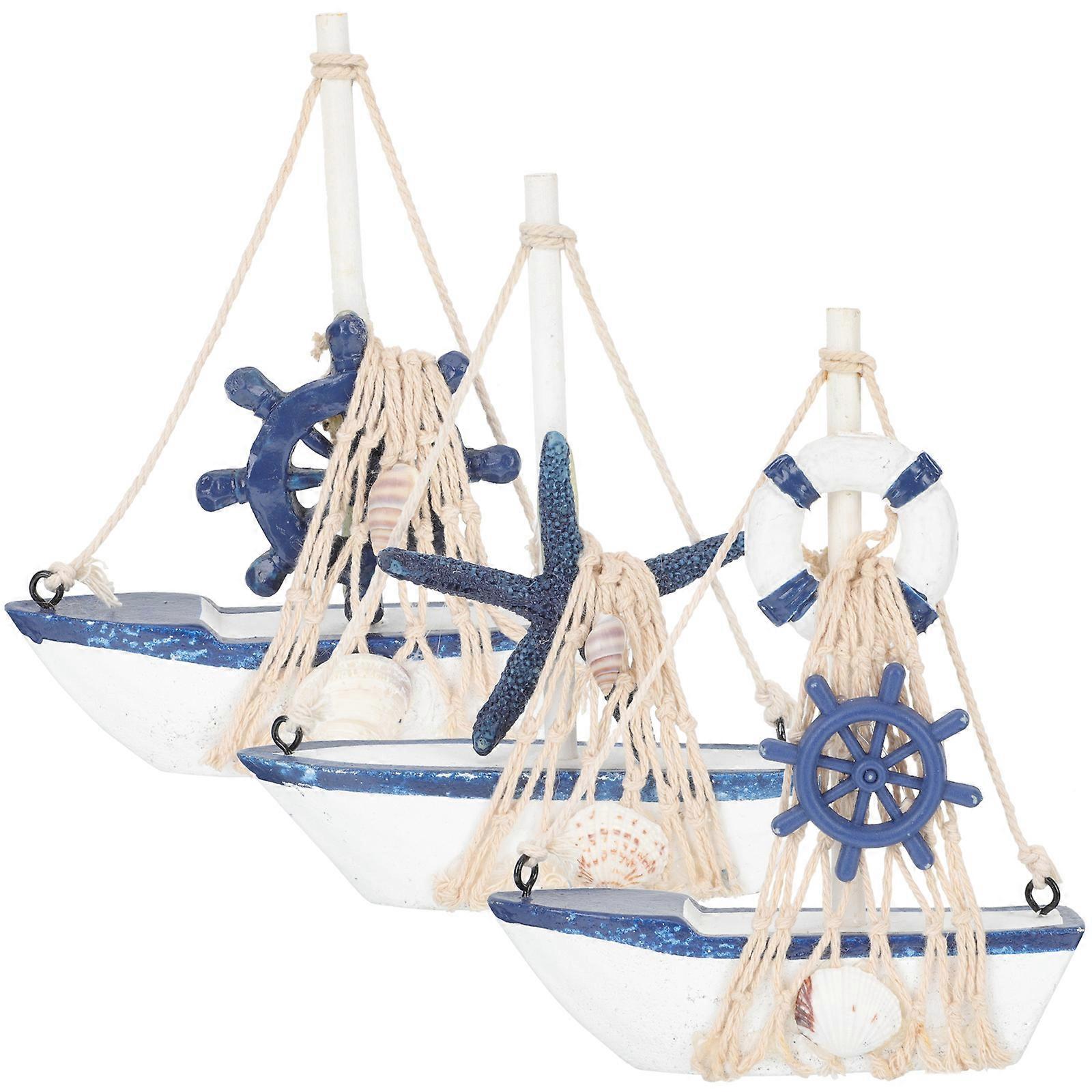 3pcs Nautical Sailboat Ornament, Mediterranean Style Wooden Decor, Charming Tabletop Decoration for Home Office or Beach Themed Spaces, Unique Gift