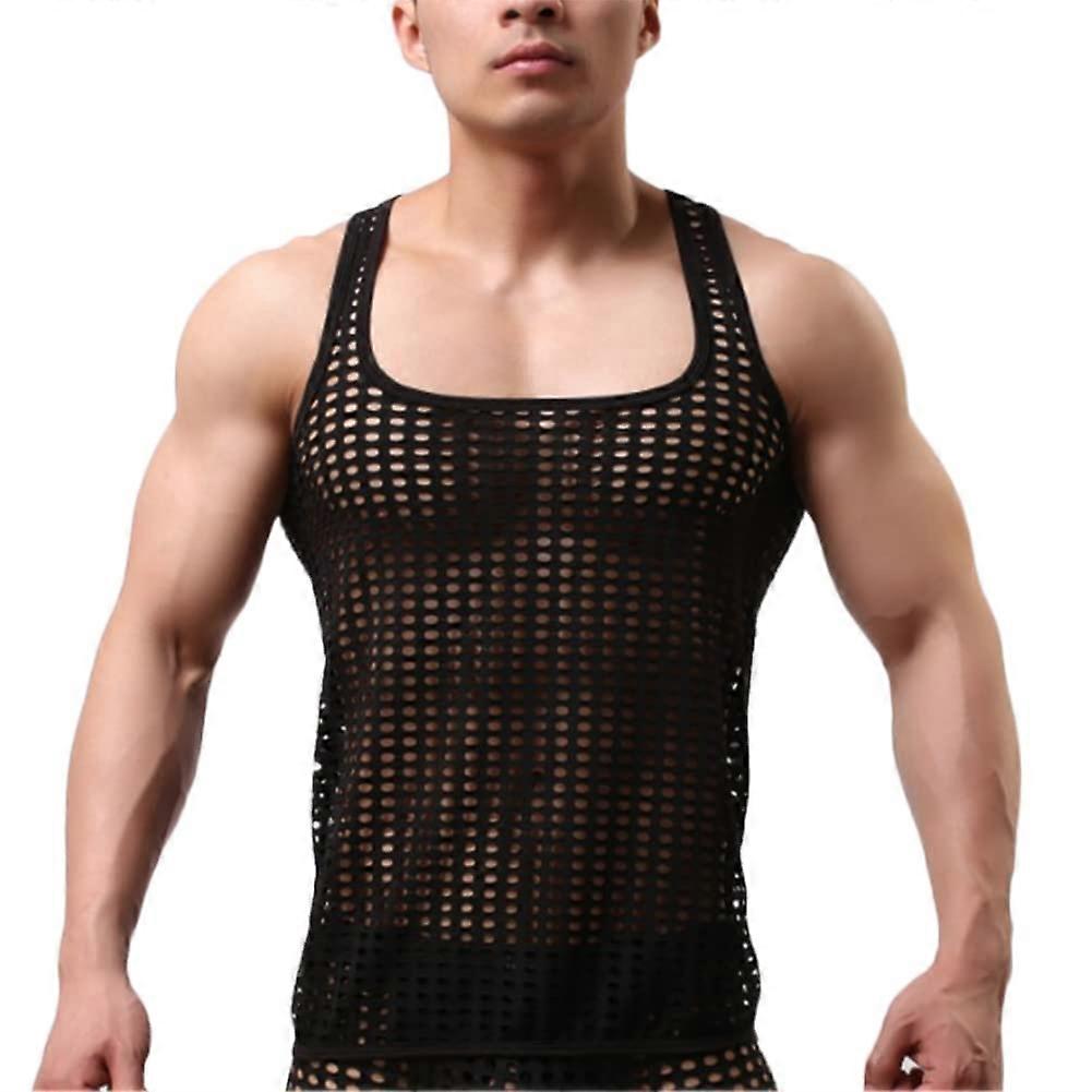 رجالي SeeThrough Fishnet بلا أكمام عضلة ضئيلة للياقة البدنية سترة خزان ملابس النادي ملابس داخلية قميص داخلي S Schwarz