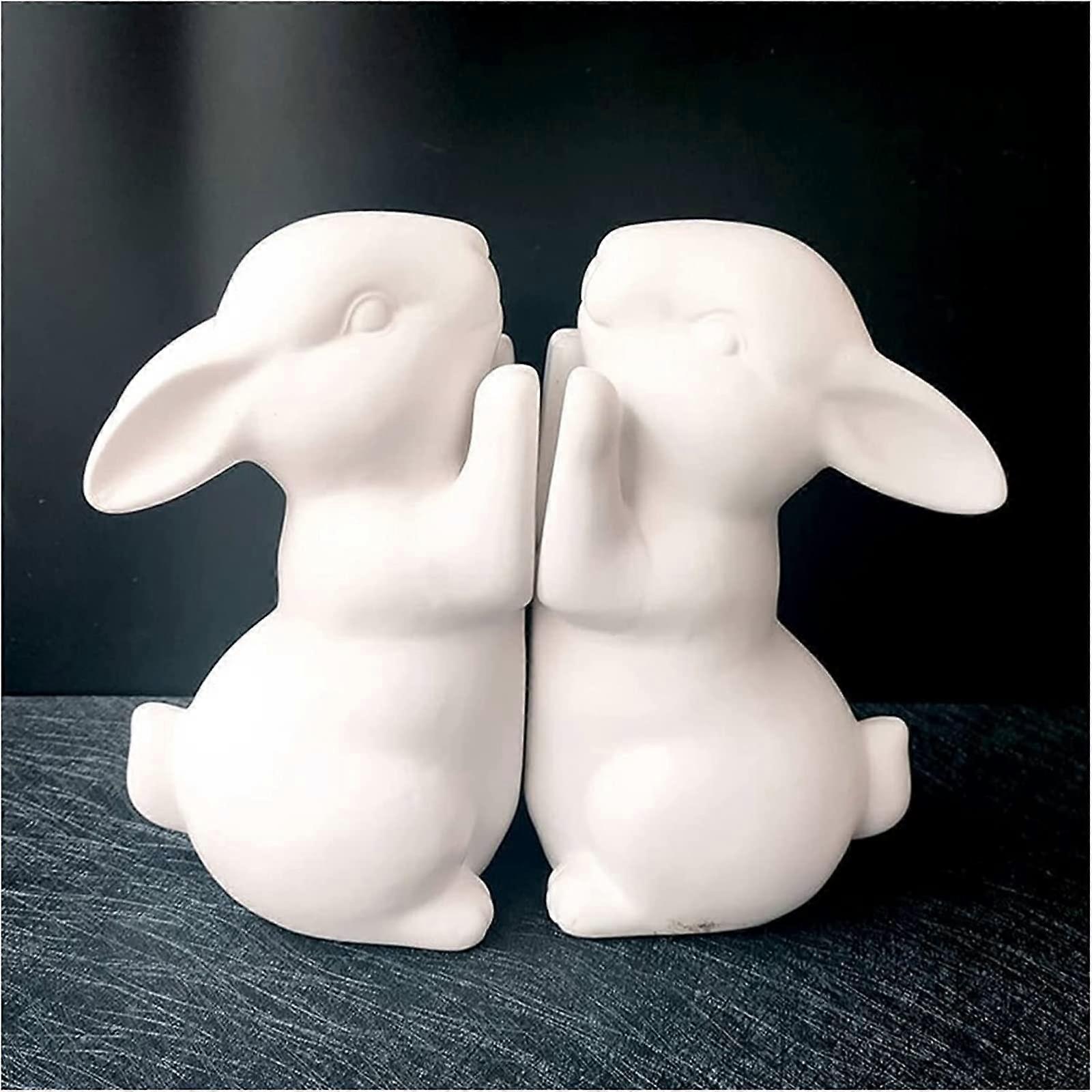Ceramic Animal Bookends, Cute Rabbit Bookends for Shelves (White)