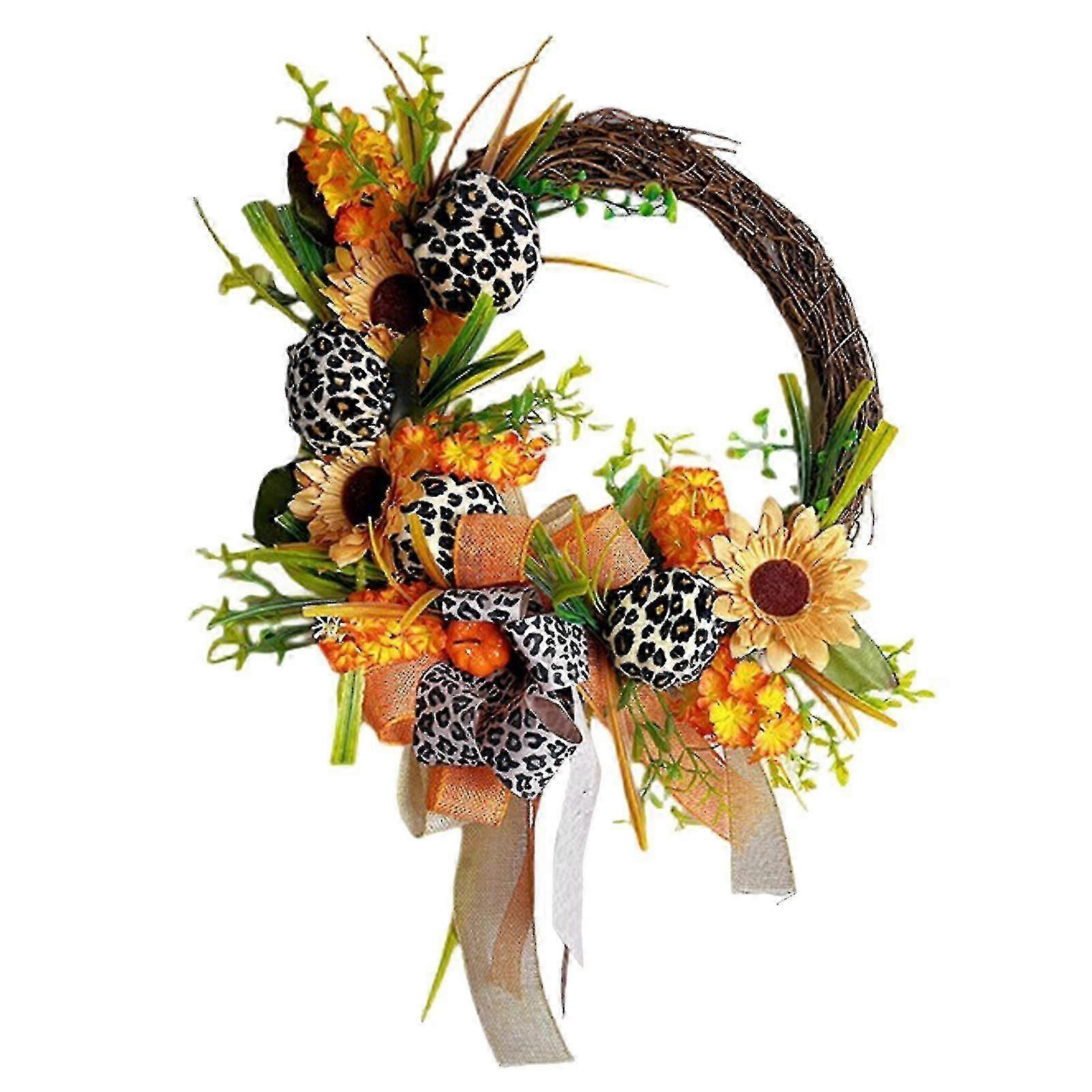 13 Inch Fall Wreath, Artificial Maple Leaf And Pumpkins Wreaths, Autumn Har