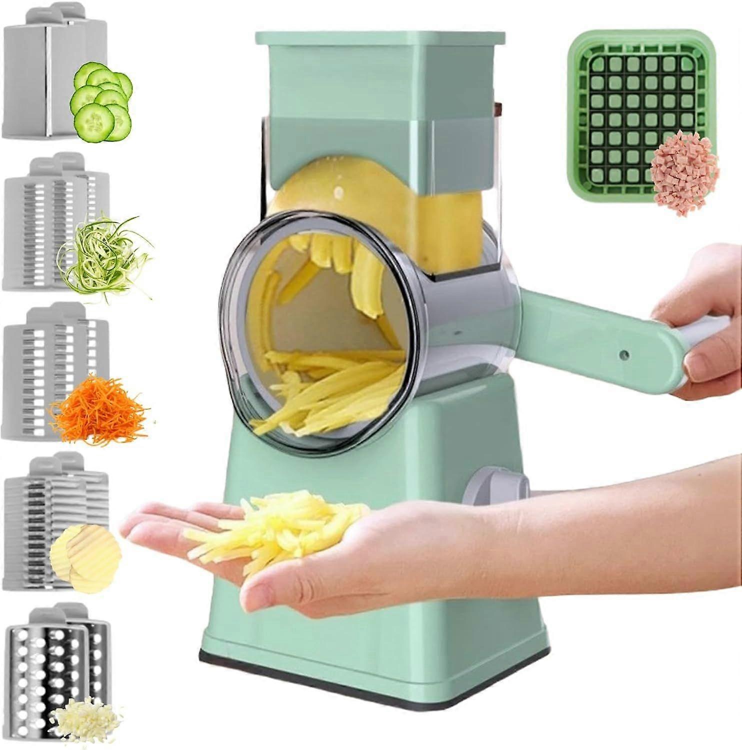 Vegetable Cutter 7 Pieces Vegetable Slicer with 5 Interchangeable Blades, Vegetable Cutter with Crank, Vegetable Chopper, Drum Grater for Slicing Frui