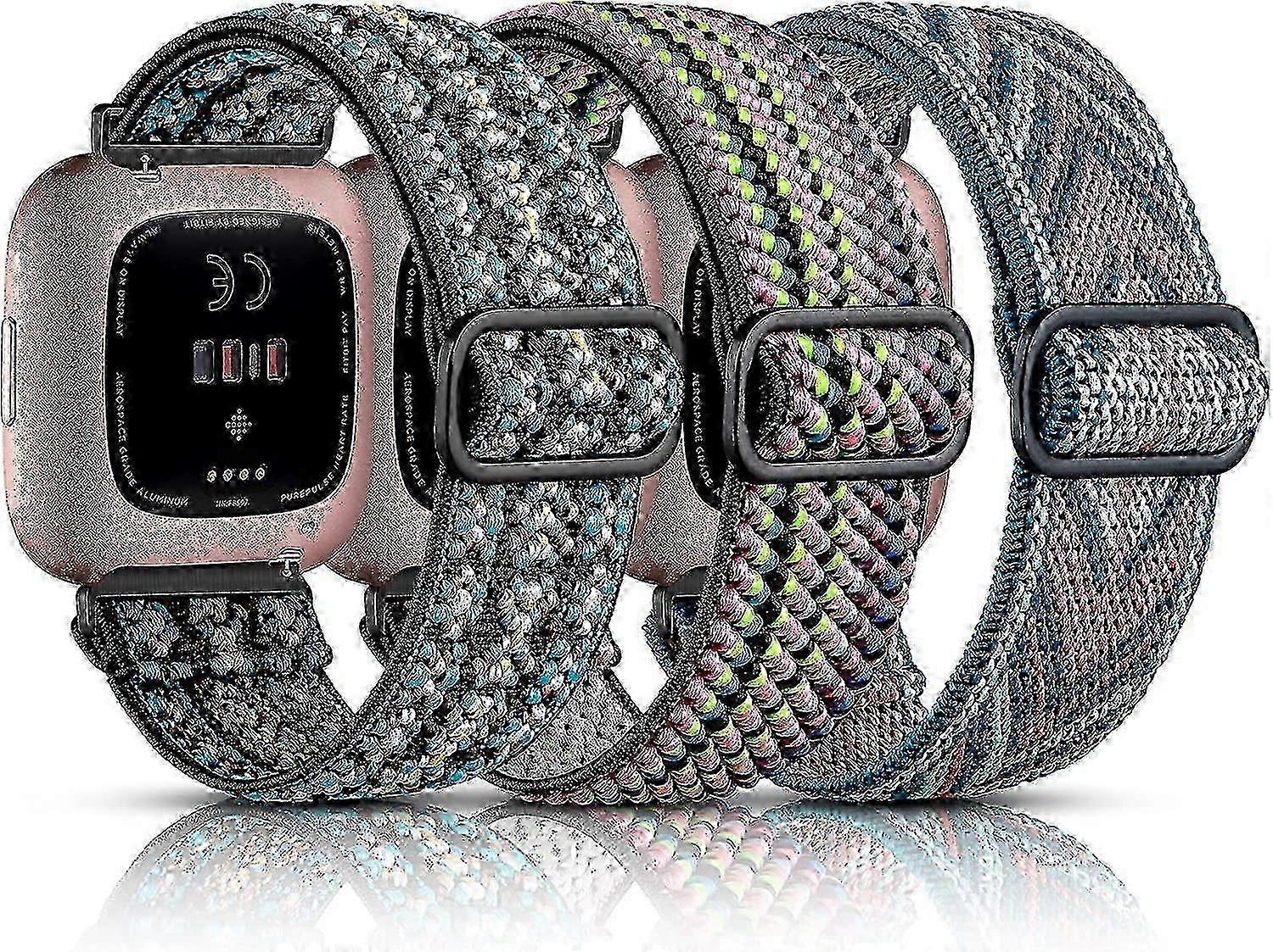 3 Pack Banda Elástica Compatível com Fitbit Versa/fitbit Versa Lite/fitbit Versa 2 Bandas para Mulheres Homens, Elástico Ajustável Nylon Solo Loop Strap Pulso