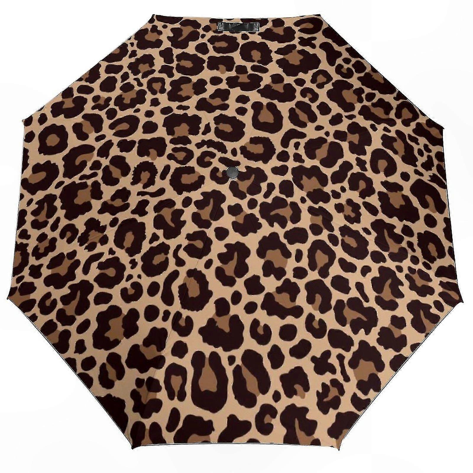 Portable Windproof Folding Umbrella with Stylish Leopard Print - Automatic Open Close 3-Fold Design for Adults