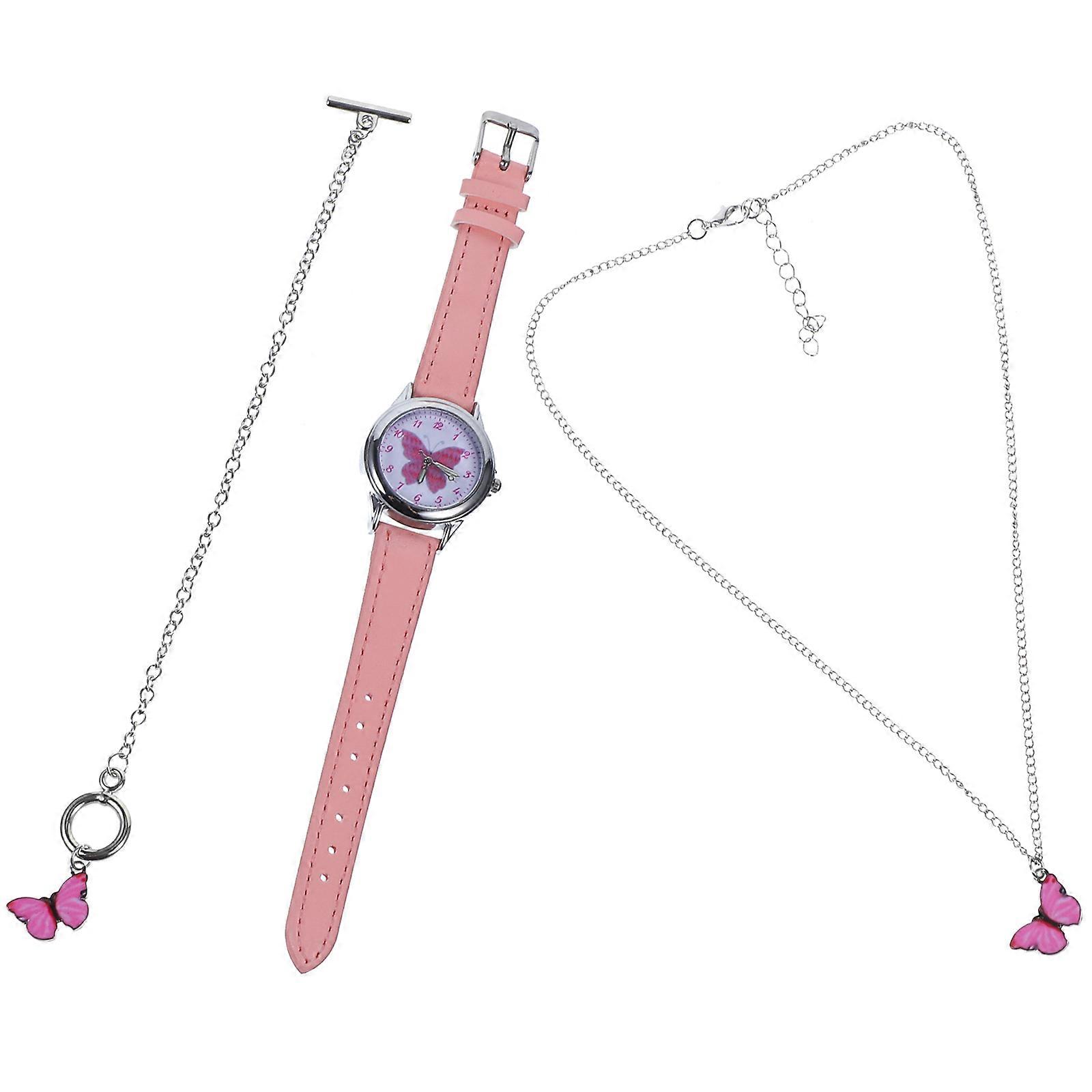 4 Sets Of Girls Cartoon Watch Set Featuring Butterflies Design Ideal For Children's Birthday Pink With Timekeeping Function