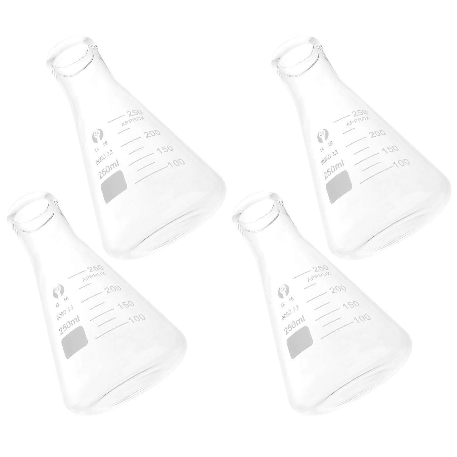 Laboratory Glassware Erlenmeyer Flask Wide Neck Conical Triangular Flask Transparent 250ml Heating Compatible 4Pcs