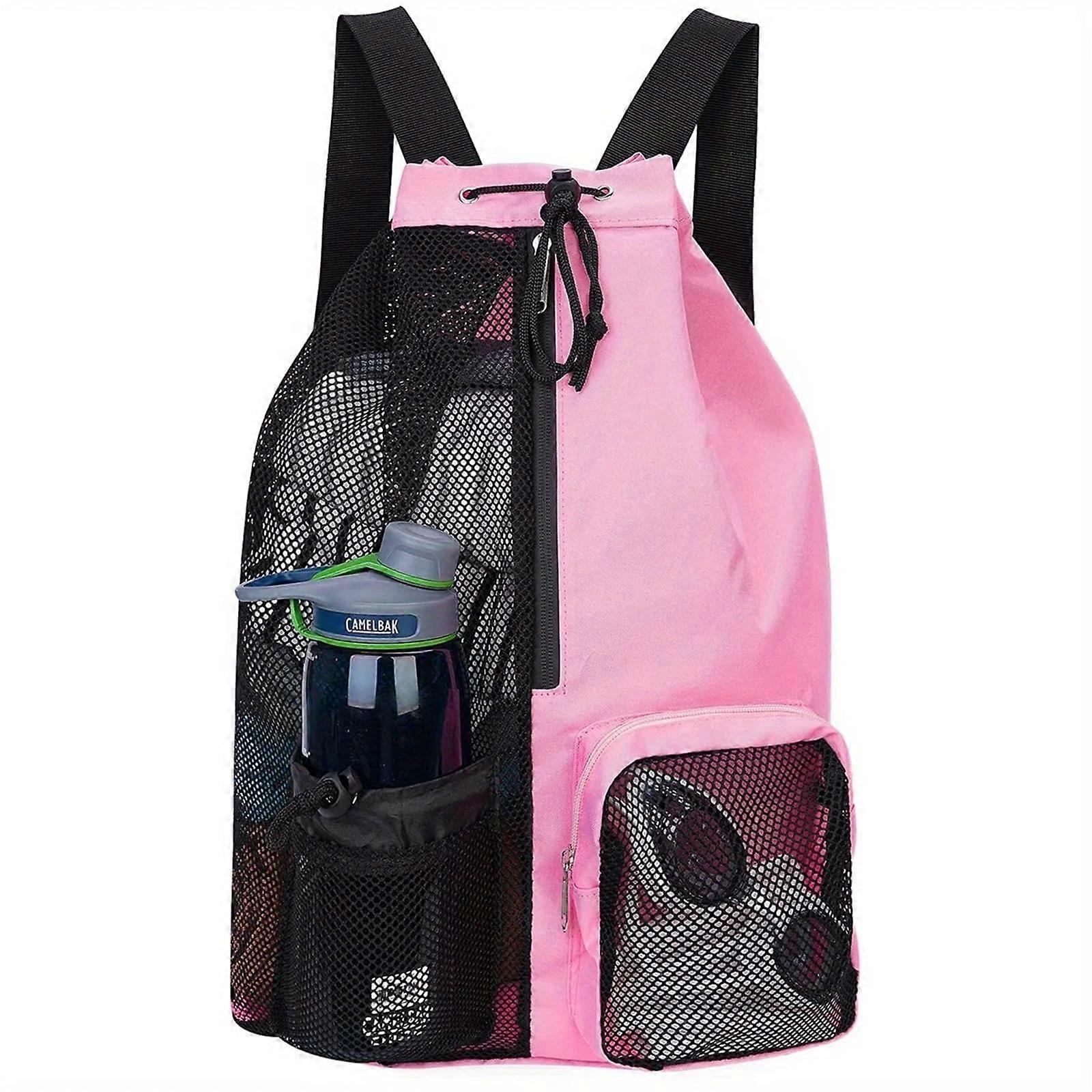 Gym Bag Net Drawstring Backpack With Wet Pocket For Swim, Beach, Gym Gear Storage  Pink