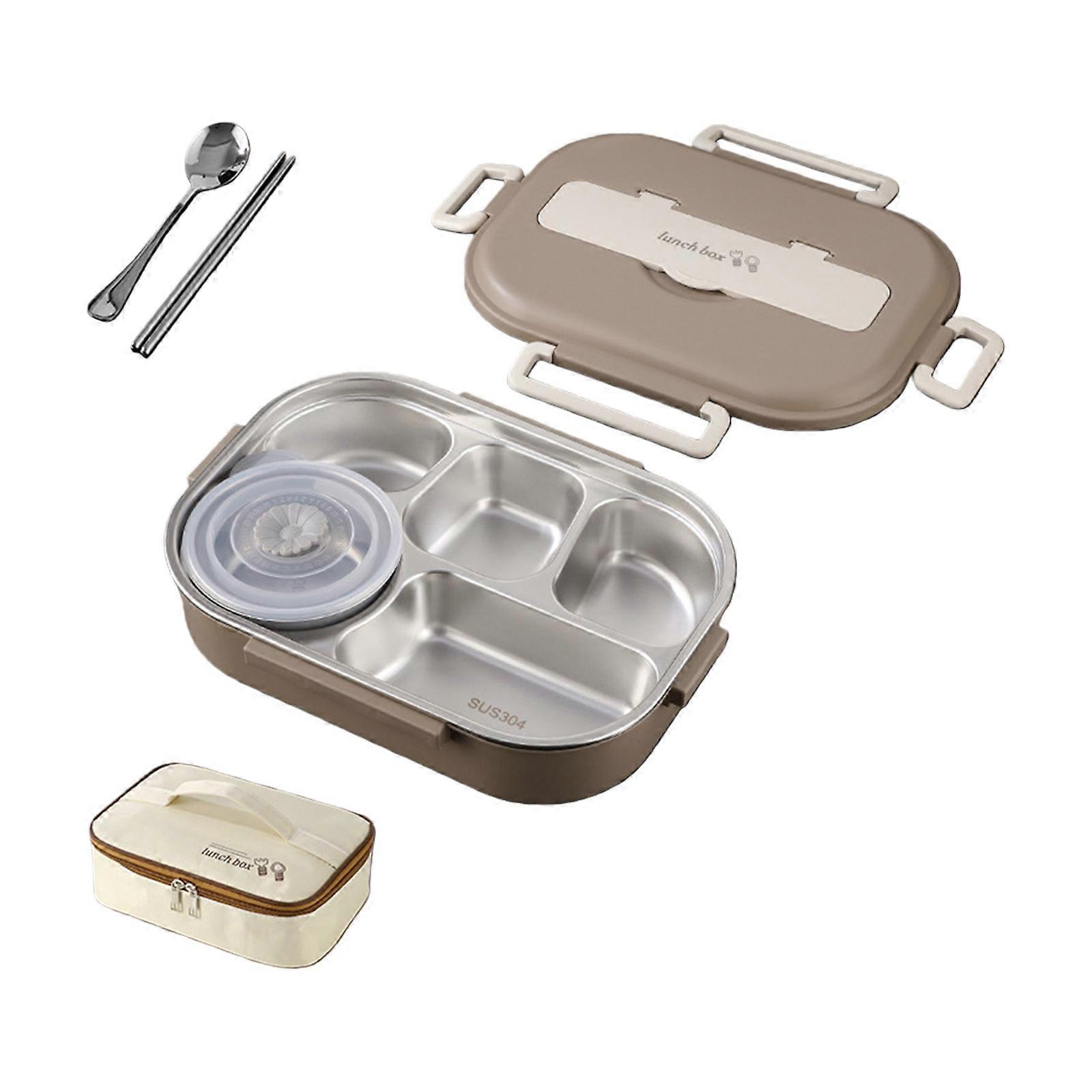 Divided Lunch Container Double Layer Insulation Microwave Safe Food Storage Box with Cutlery Set For School Office Use  brown