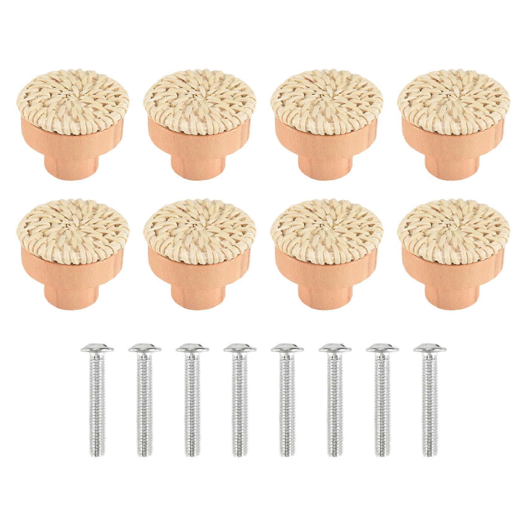 8PCS Boho Rattan Dresser Knobs Wood Drawer Knobs Handmade Woven Wicker Knobs Pull Handle for Cabinet Home Decor
