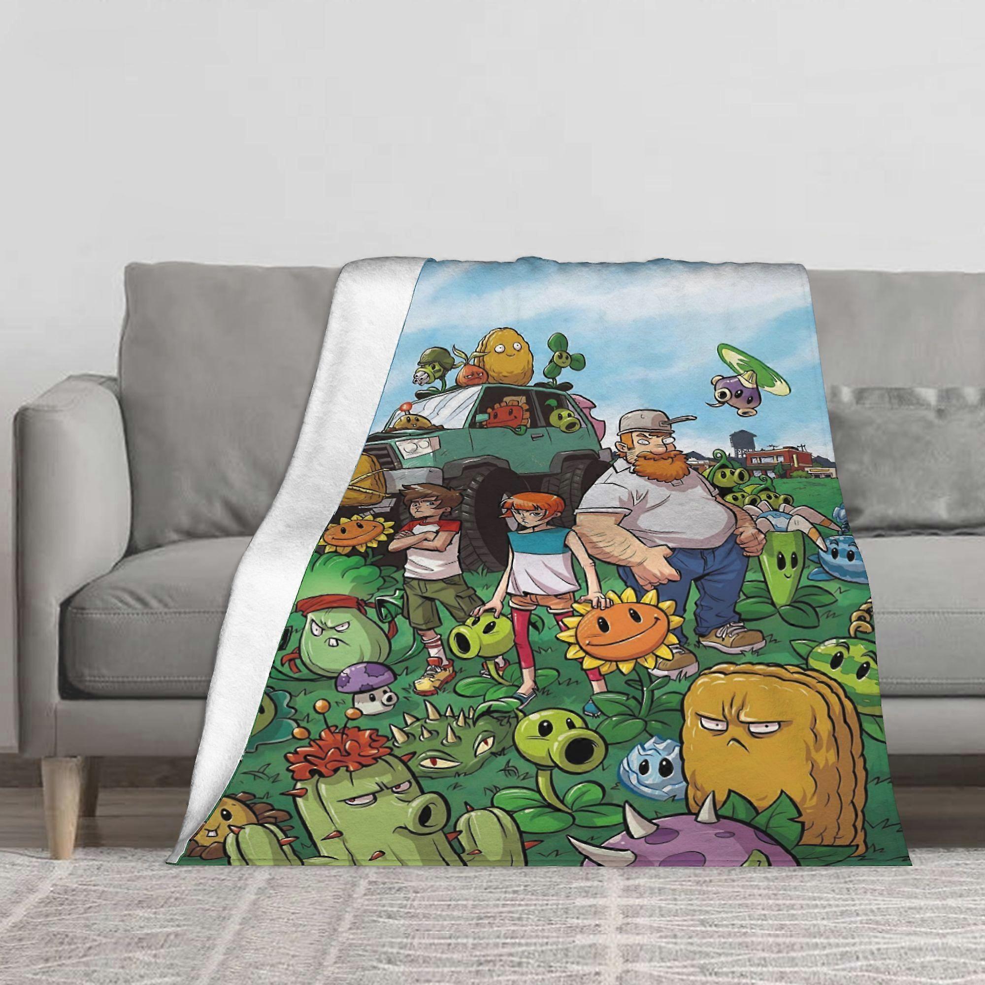 Plants vs. Zombies Syncprinting0 Flannel Blanket - Vibrant Cartoon Design with Zombie & Plant Characters, Soft Polyester-UYRTA362