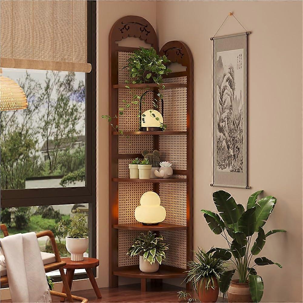 5Tier Rattan Corner Shelf, SpaceSaving Boho Bookshelf for Living Room and Bedroom, Brown