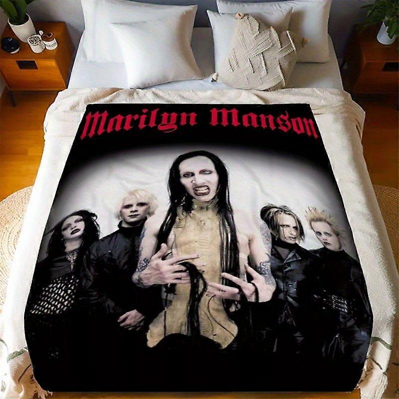 Digital Printed Flannel Blanket Featuring Promotional Photos of The Marilyn Manson Band in a Gothic Punk Style, Durable,-QAZXC219