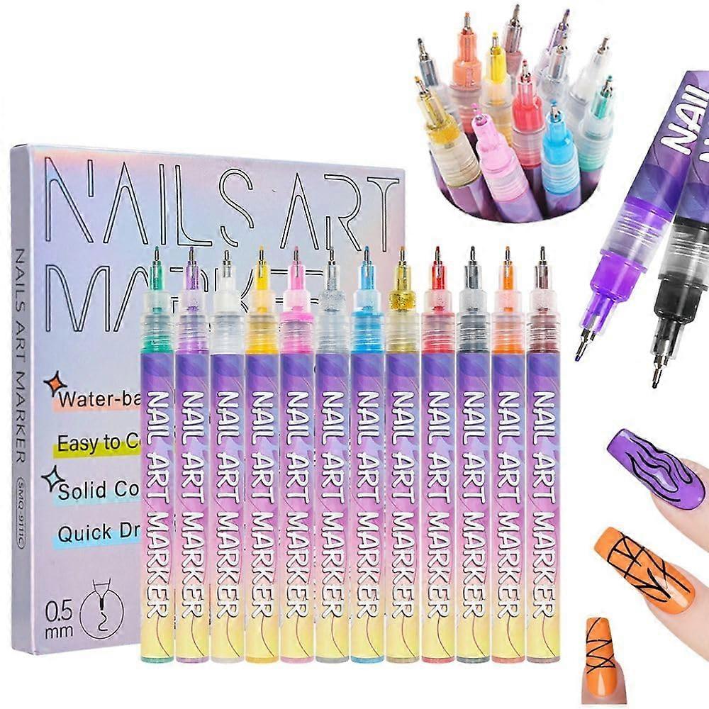 12 Colors Nail Art Pens Set with 0.5mm Fine Tip Markers for Gel Nails, FastDrying DIY Design