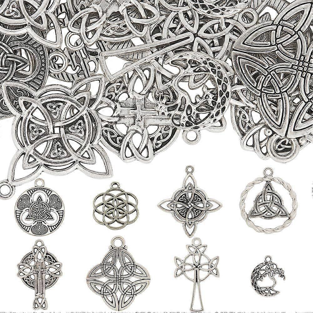 1 Box 48Pcs 8 Styles Celtic Knot Charms Bulk Trinity Knot Charm Large Alloy Chinese Tibetan Silver Style Connector Charm for Jewelry Making Charms DIY