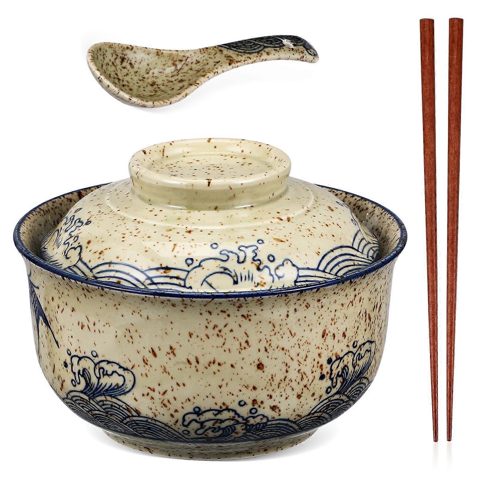 Ceramic Ramen Bowl with Lid and Spoon for 1Set Kitchen Serving