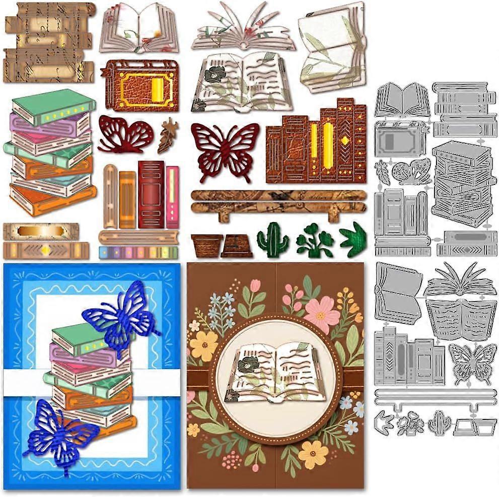Butterfly Books Metal Die Cuts Bookshelf Plant Pots Cutting Dies Bookcase Cacti Embossing Stencils Scrapbooking Tool for DIY Scrapbooking Craft Card M