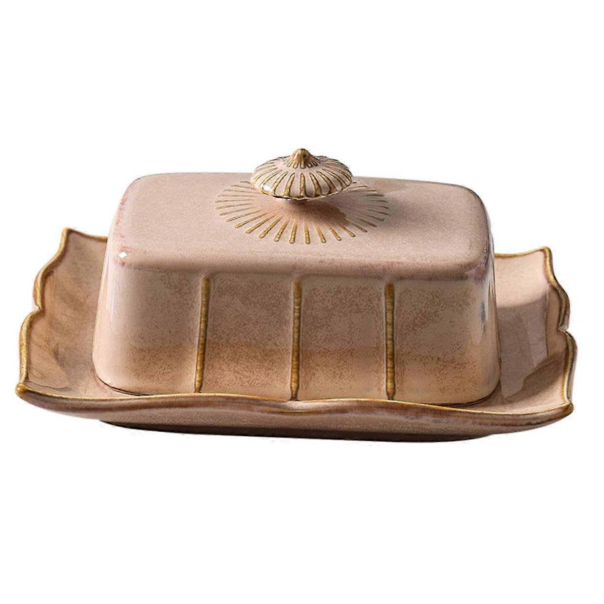Rectangular Ceramic Butter Dish with Lid for Kitchen and Dining, Retro Style Food Storage Container