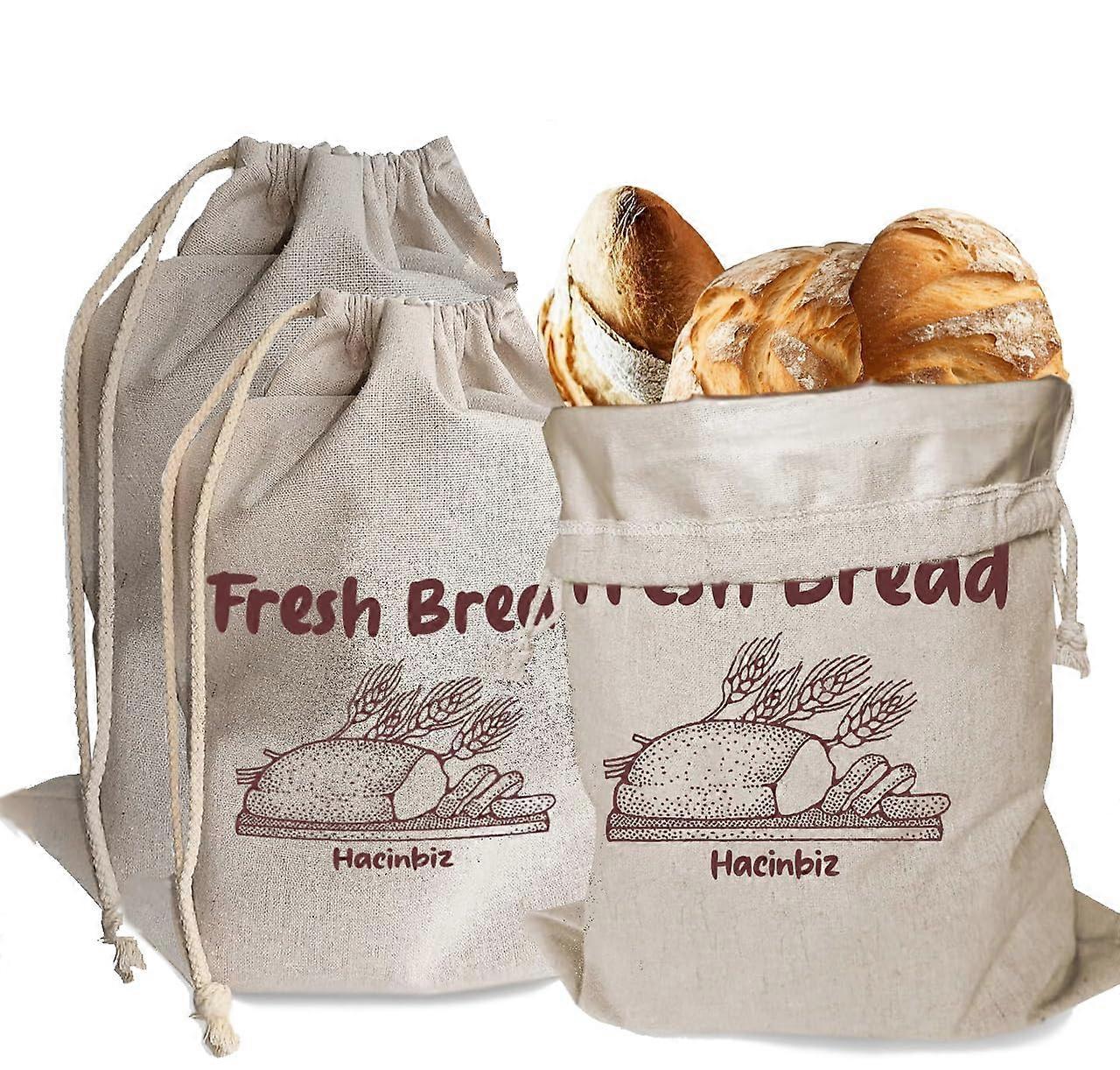 3 Pack Reusable Linen Bread Bags with Inner Lining Keep Bread Fresh Large Drawstring for Sourdough