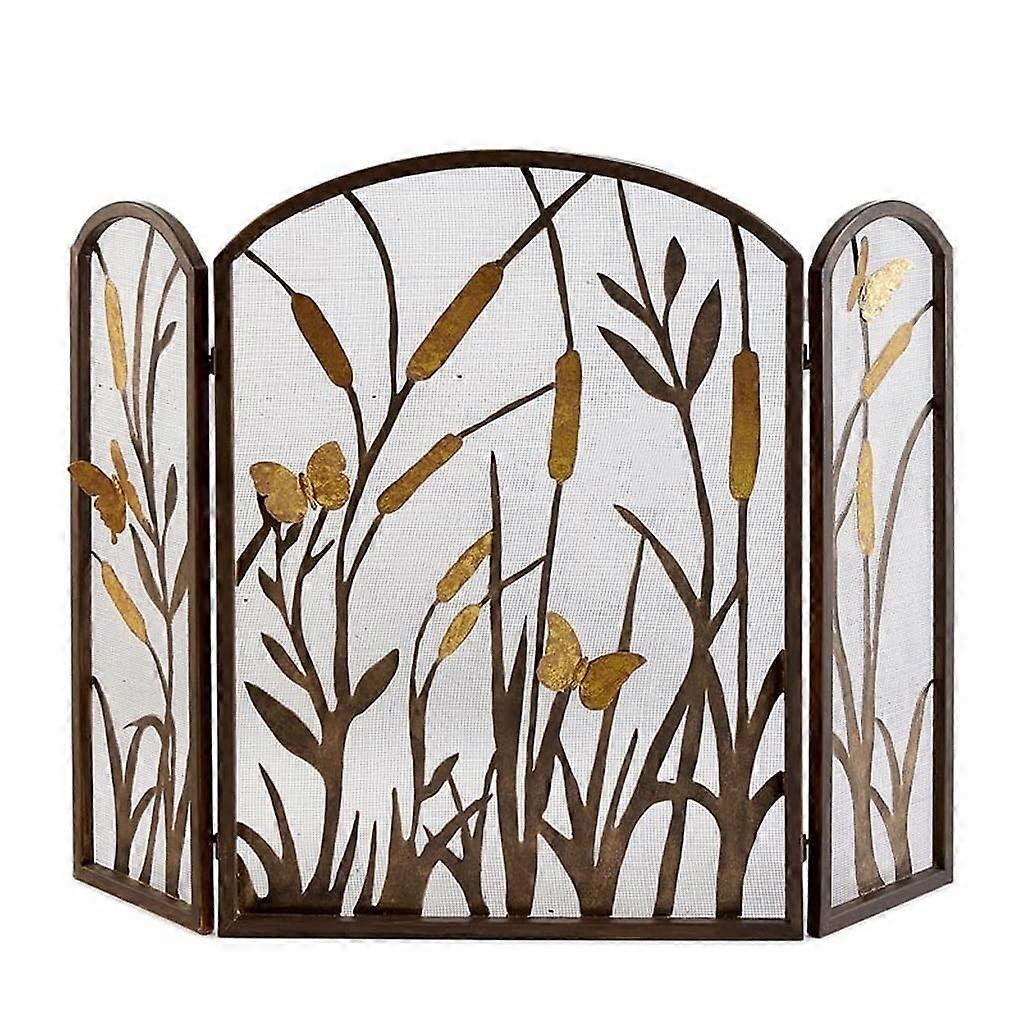 Fireplace Screen with Protective Spark Mesh, Foldable Decorative Cattails for Indoor Outdoor Use