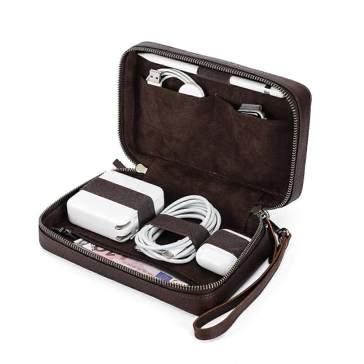 Leather Tech Organizer with Clear Layout, Travel Cable Storage Case, Durable Compact Design