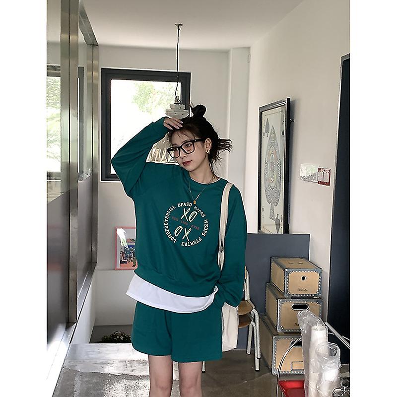 Huang Zheng Round Neck Sweater Set Women's 2022 Spring Korean Loose Long Sleeved Top And Shorts Two Piece Set 121zj8003