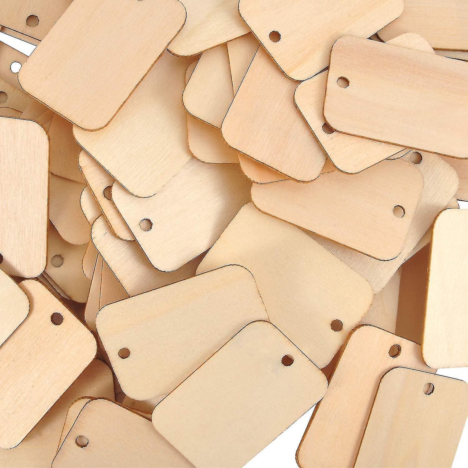100 Pieces Wooden Rectangle Craft Shape Tag Wooden Embellishment Tag With Hole