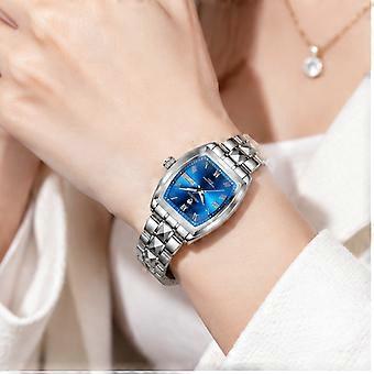 Women's quartz watch BINBOND barrel-shaped silver steel bracelet blue dial waterproof luminous calendar JY