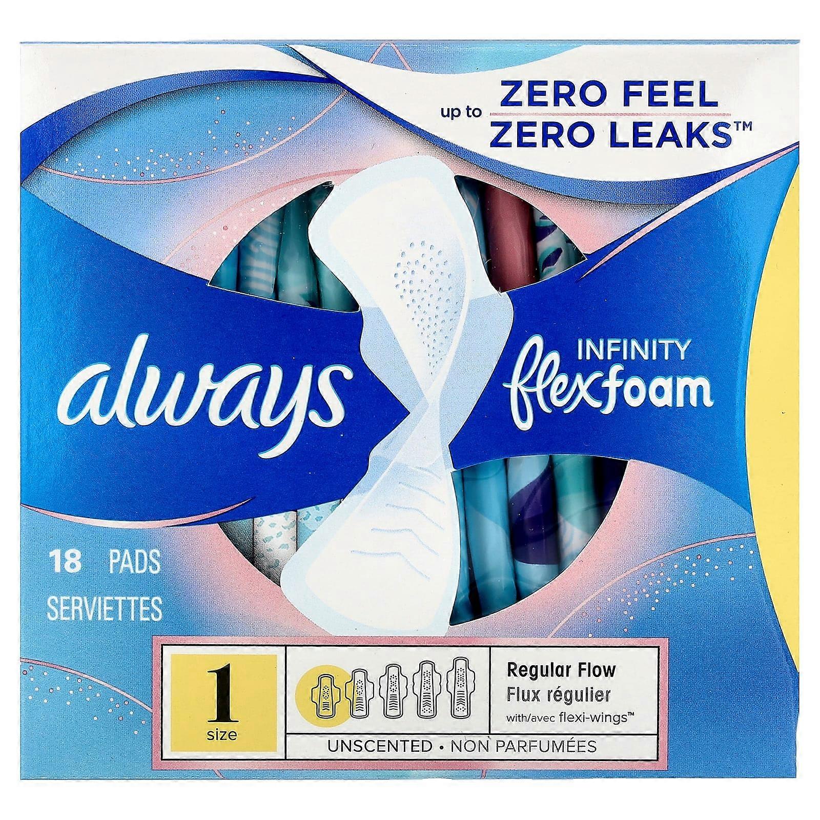 Always, Infinity Flex Foam with Wings, Size 1, Regular Flow, Unscented, 18 Pads