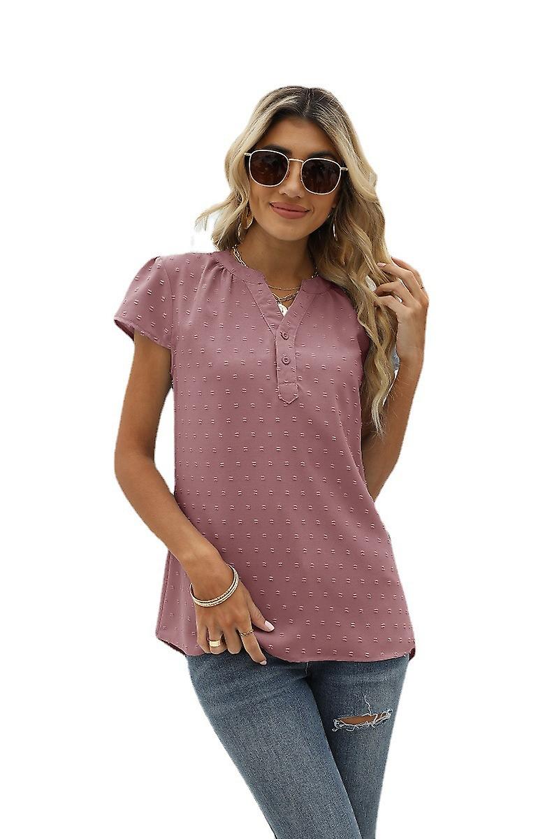 Solid Color Jacquard Chiffon Shirt Loose V-neck Pullover Short Sleeve Top