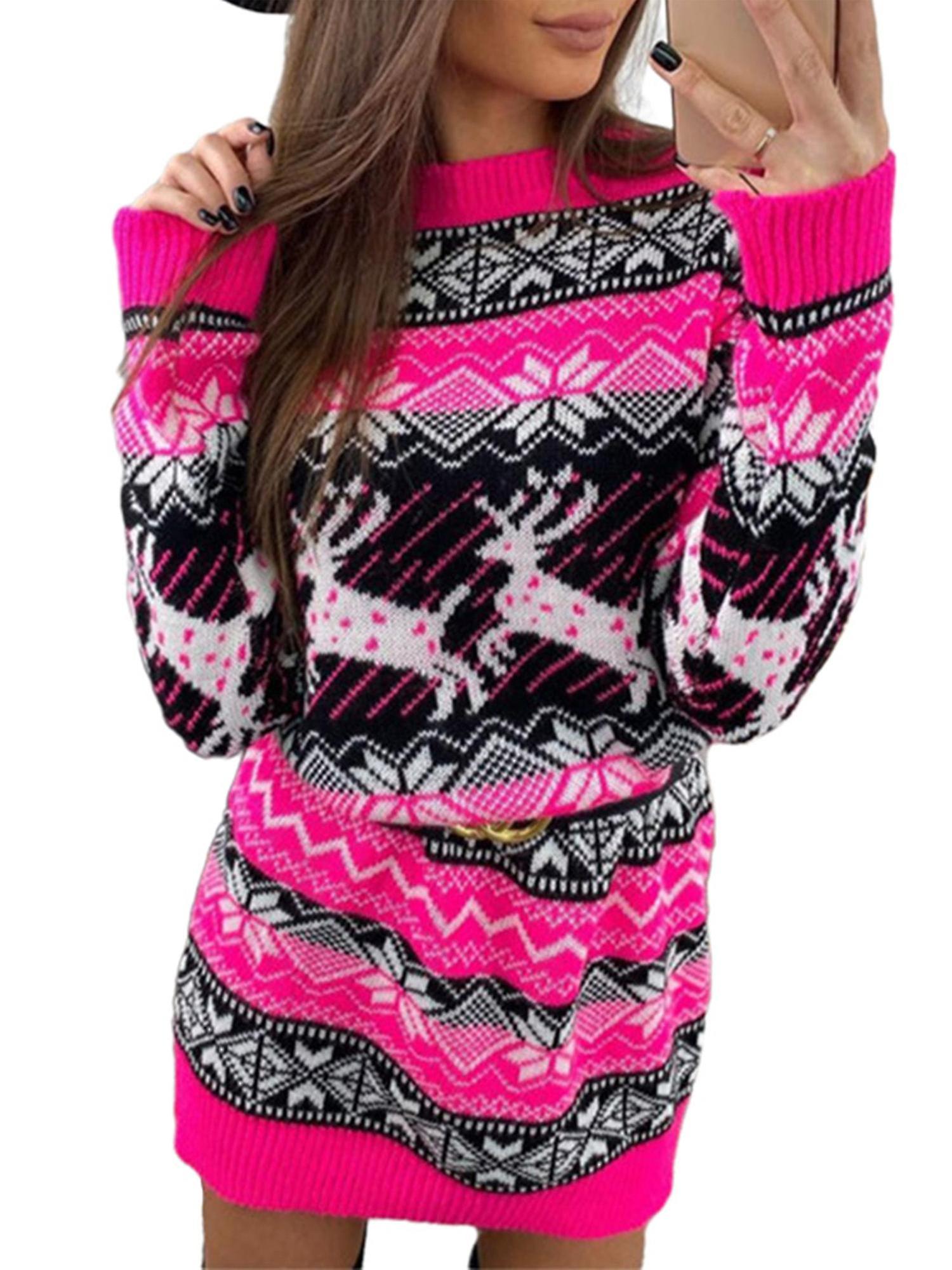 Damen Pullover Elch-Print O-Ausschnitt Strickärmel