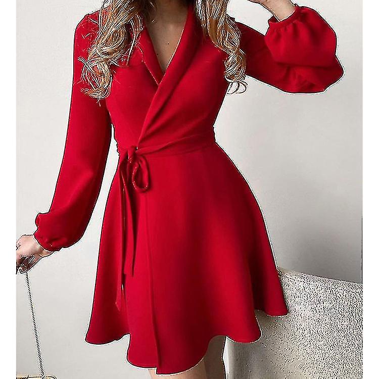 Women V Neck Lapel Sleeve Belt Mini Casual A Line Wear